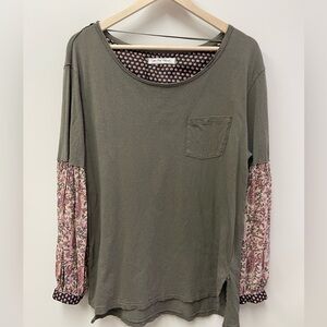 We The Free Olive Top with Pink Floral Sleeves